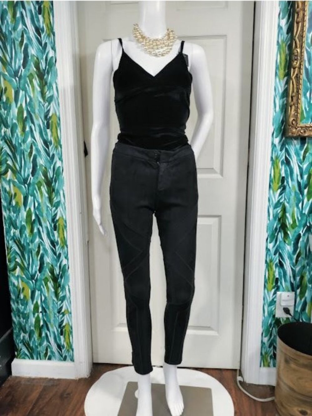 Haute Hippie Black Suede Leather Front Ponte Back High Waist Ankle Zip Slim Fit - Picture 7 of 12